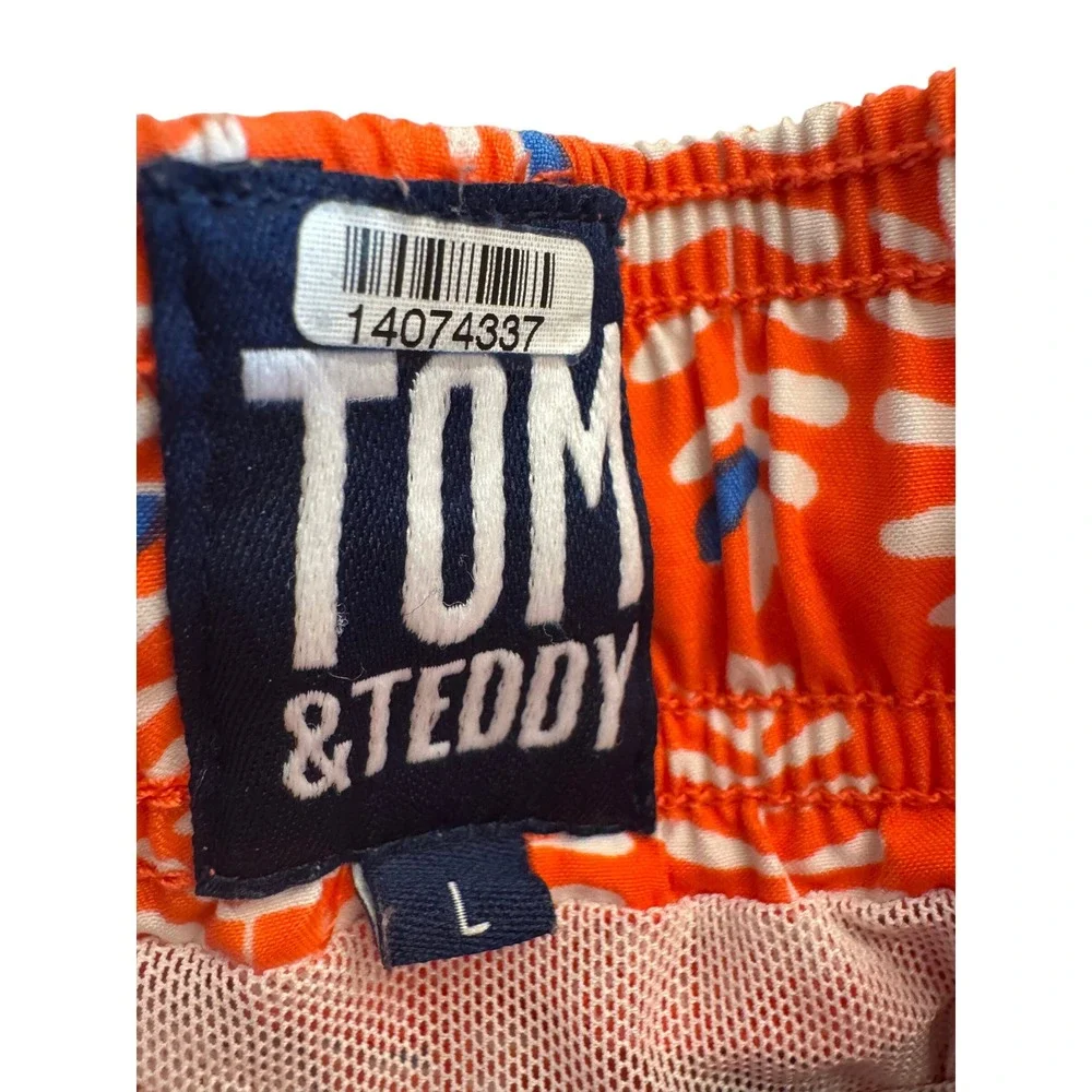 Tom & Teddy Mens Orange Leaf Print Swim Trunks Size Large Elastic Waist Shorts